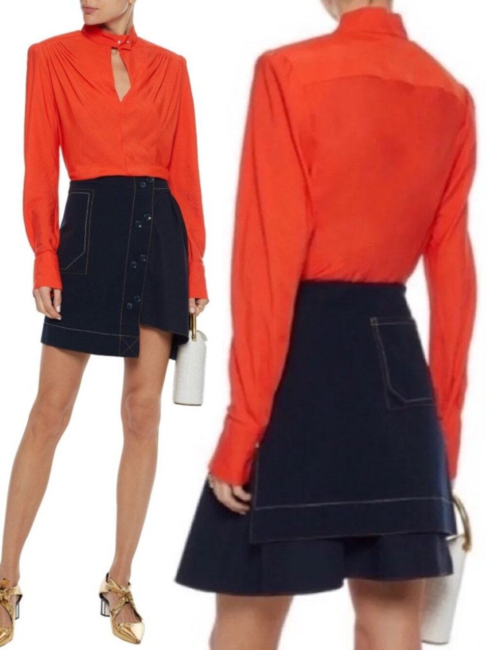 Maje Lange Orange Red Keyhole Mock Neck Blouse Top L Star Snap Button Designer